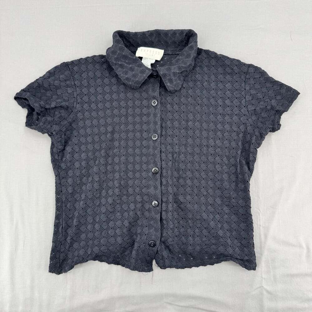 Vintage Express Tricot Black Textured Lace Button Up Collared Short Sleeve S